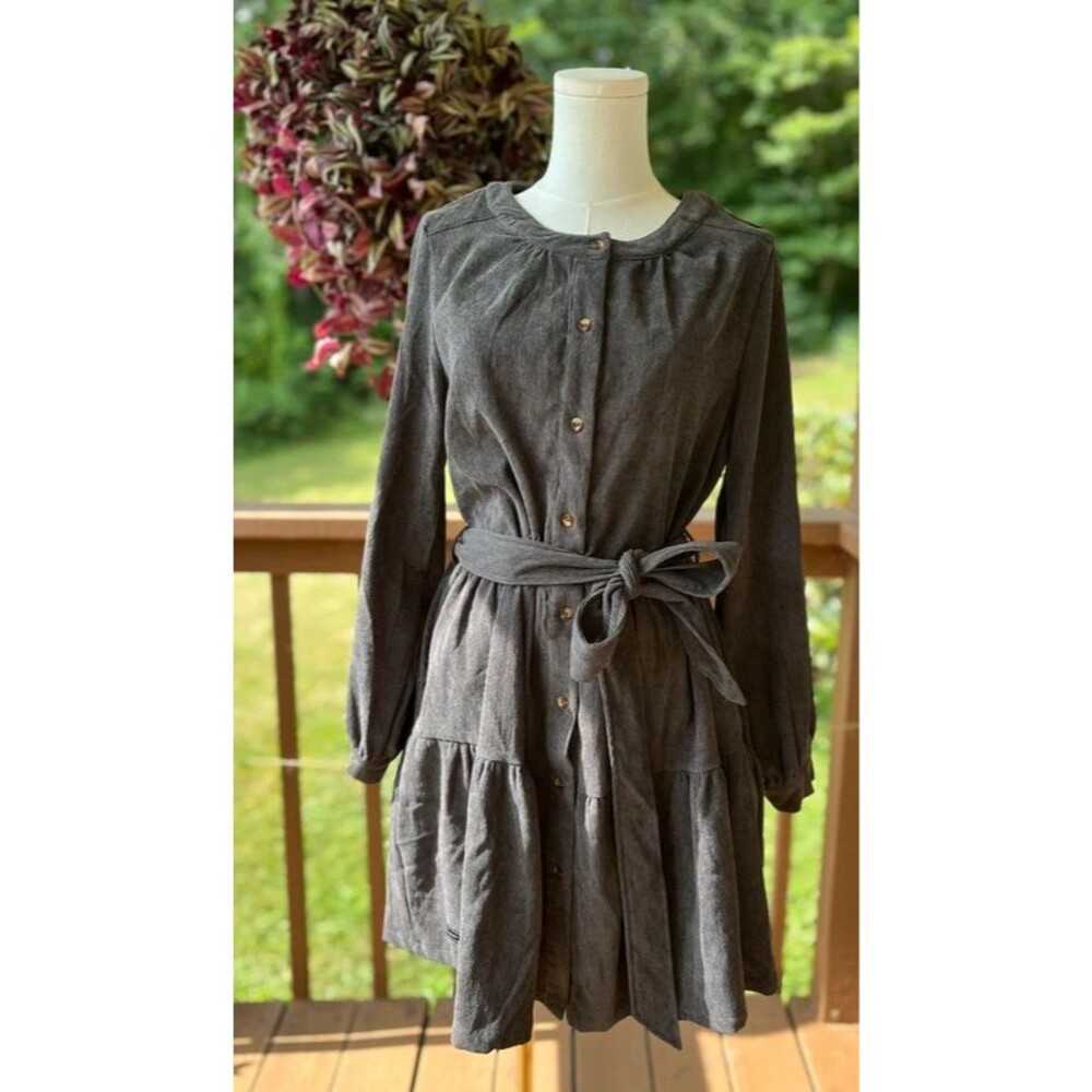 Simply Southern Charcoal Corded Knit Button Front Belted Dress | Medium